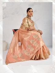 Nakshatra Peach Tissue Linen Saree with Zardosi Handwork & Embellished Pallu