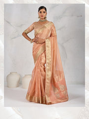 Nakshatra Peach Tissue Linen Saree with Zardosi Handwork & Embellished Pallu