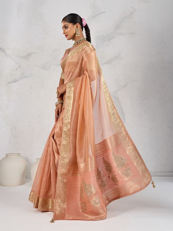 Nakshatra Peach Tissue Linen Saree with Zardosi Handwork & Embellished Pallu