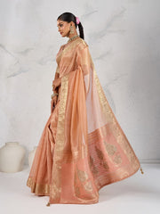 Nakshatra Peach Tissue Linen Saree with Zardosi Handwork & Embellished Pallu