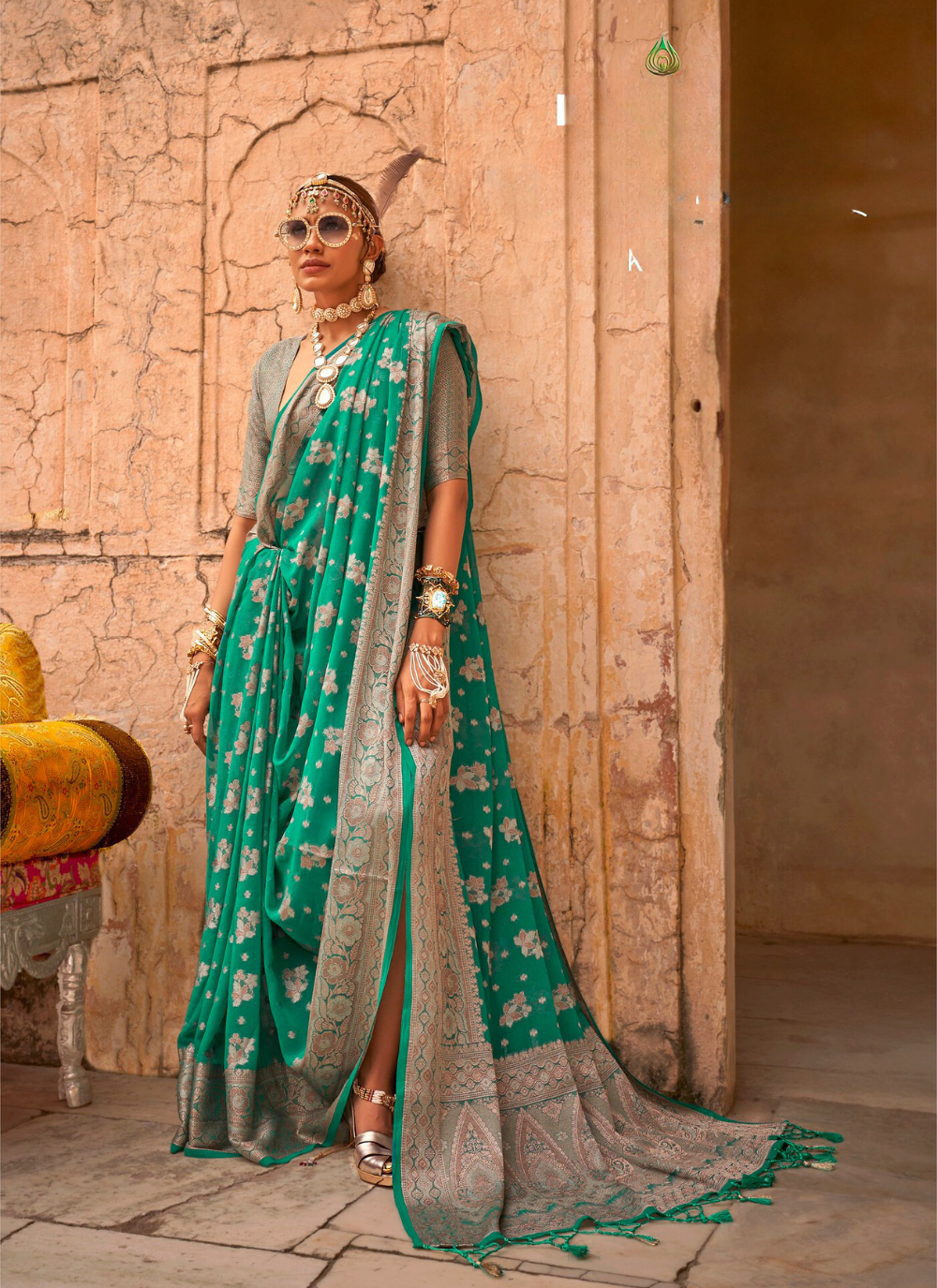 Nakshatra Rama Green Zari Woven Georgette Saree