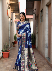 Nakshatra Blue Tie and Dye Paithani Silk Saree