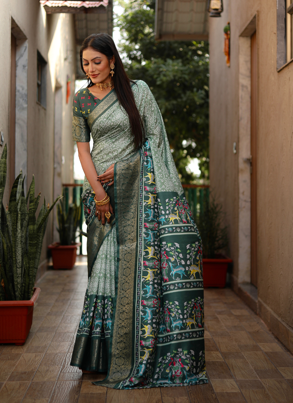 Nakshatra Pista Kalamkari Silk saree