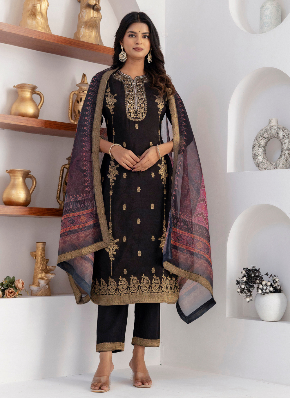 Nakshatra Black Readymade Jaquard Silk Suit