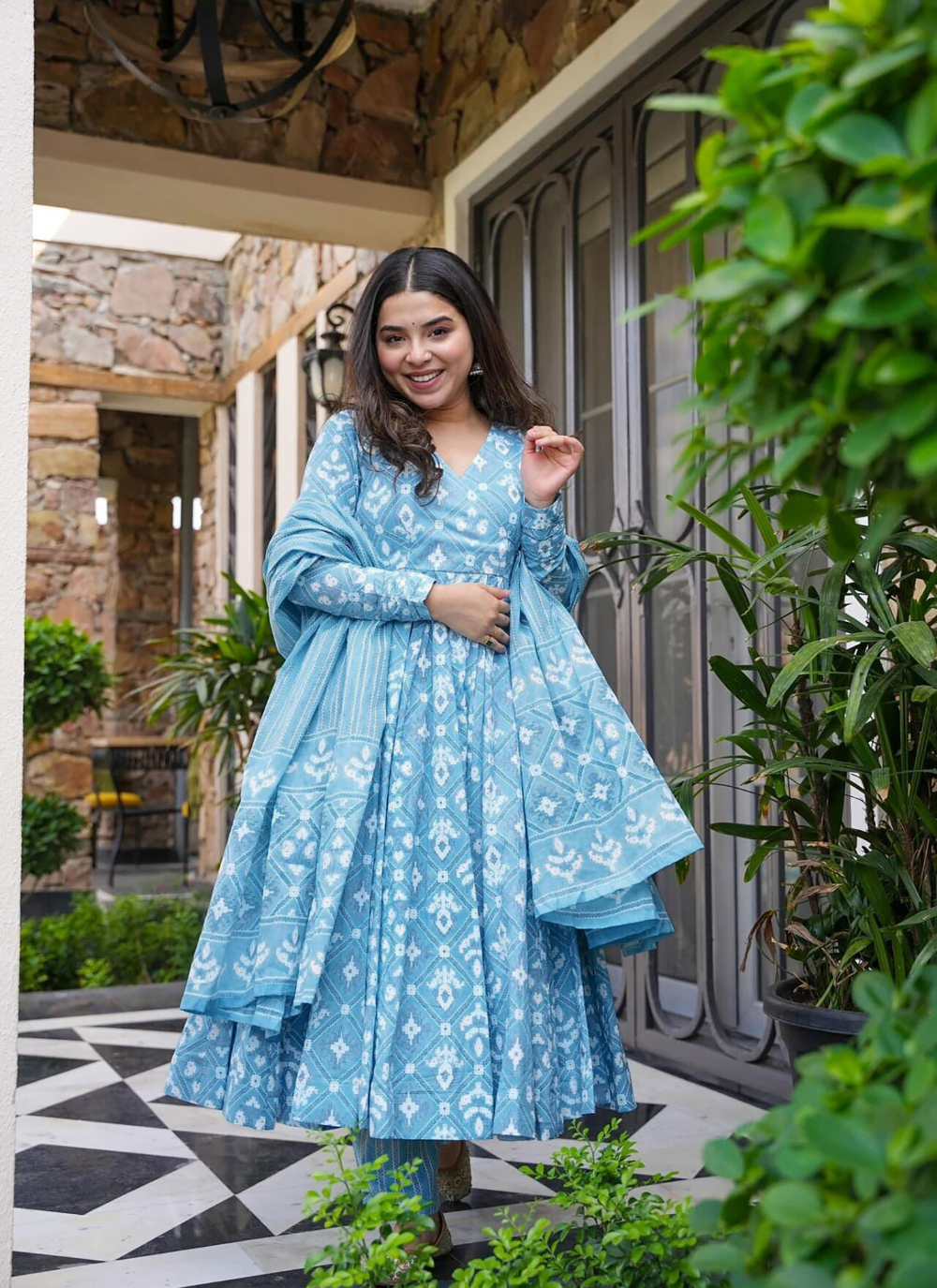 Nakshatra Sky Blue Maslin Printed Readymade Suit