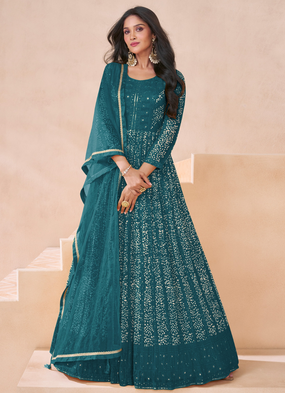 Nakshtra Teal Embroidered Embellished Anarkali Suit