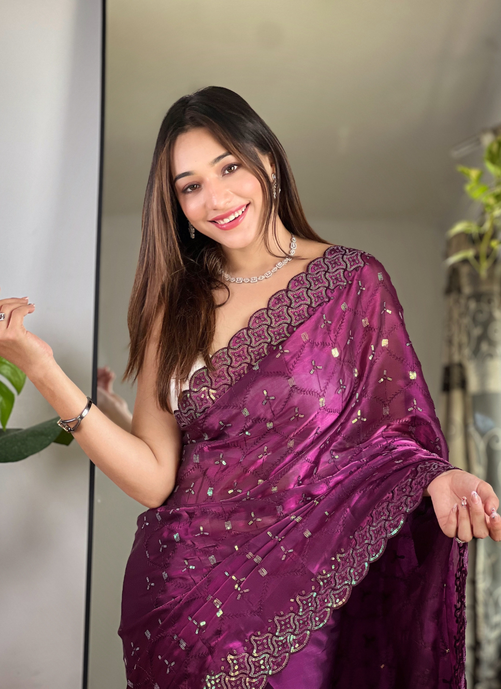 Nakshatra Wine Trendy Sequin Saree