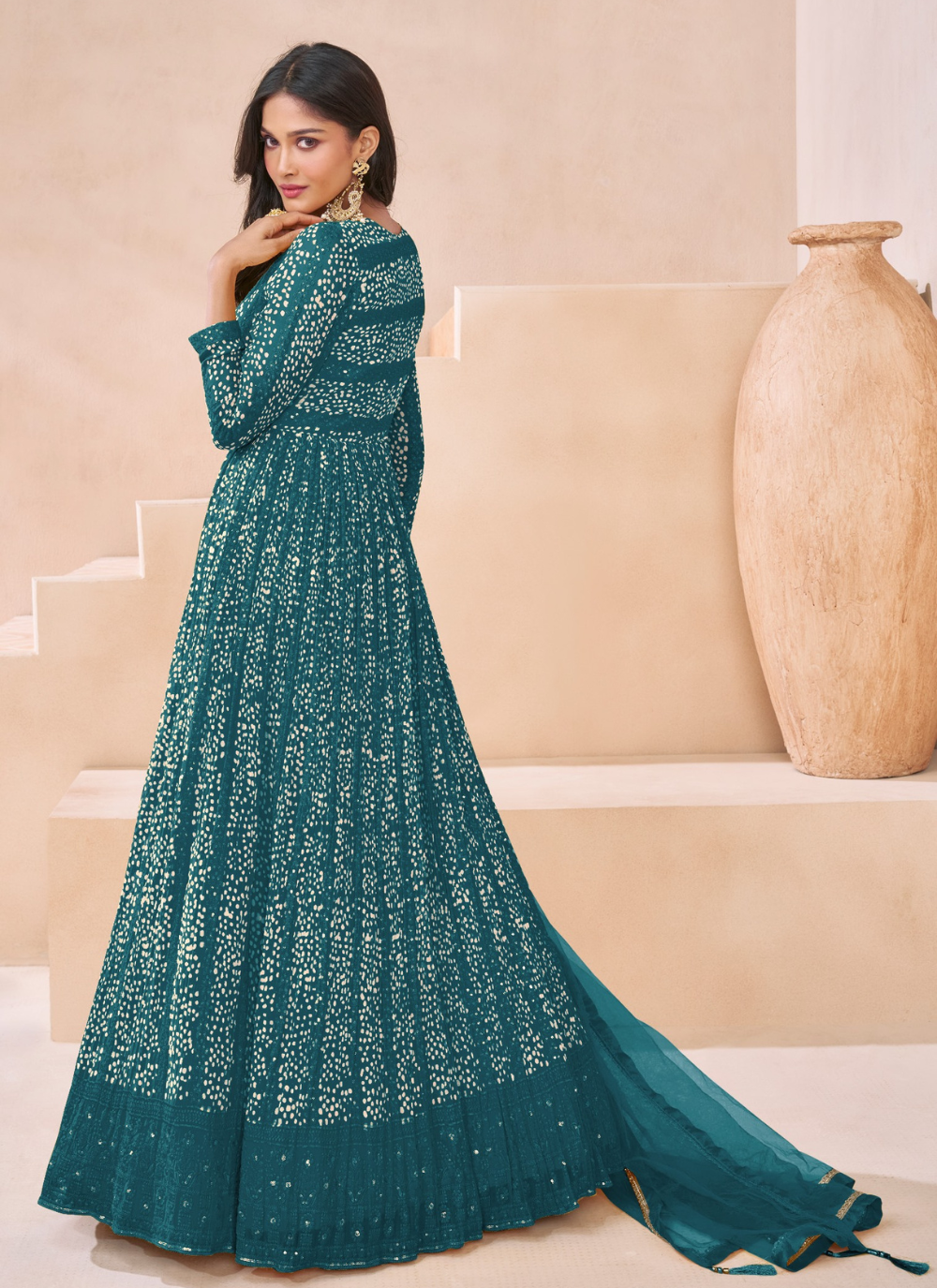 Nakshtra Teal Embroidered Embellished Anarkali Suit