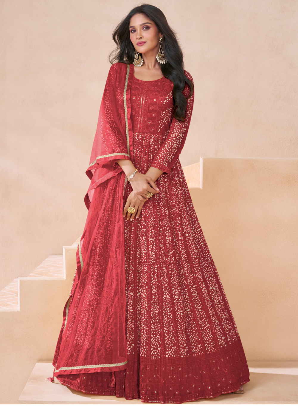 Nakshtra Red Embroidered Embellished Anarkali Suit