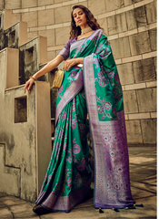 Rama Green  satin silk saree