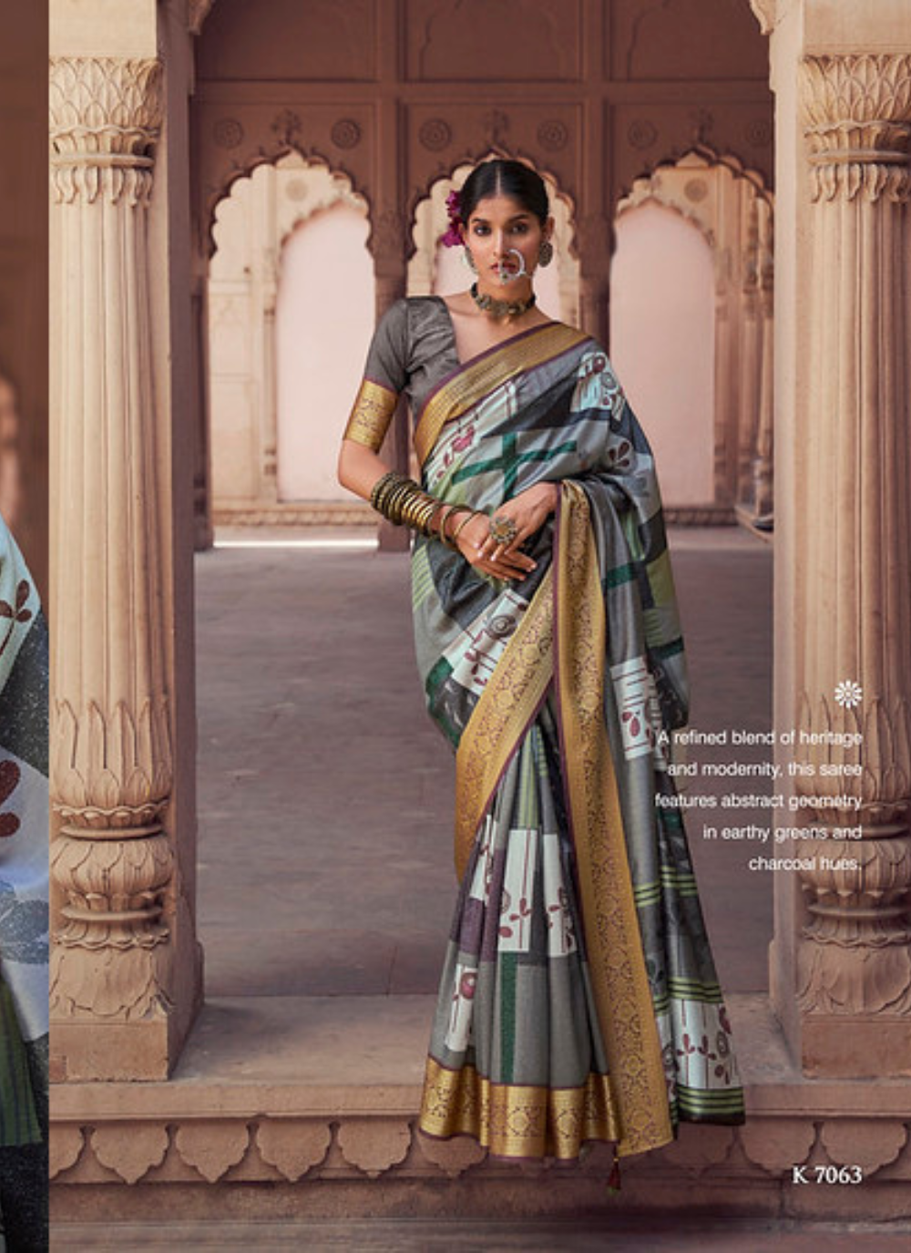 Nakshatra Digital Print Party Wear Grey Green Geometric Saree with Gold Border