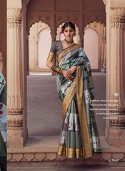 Nakshatra Digital Print Party Wear Grey Green Geometric Saree with Gold Border