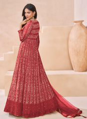 Nakshtra Red Embroidered Embellished Anarkali Suit