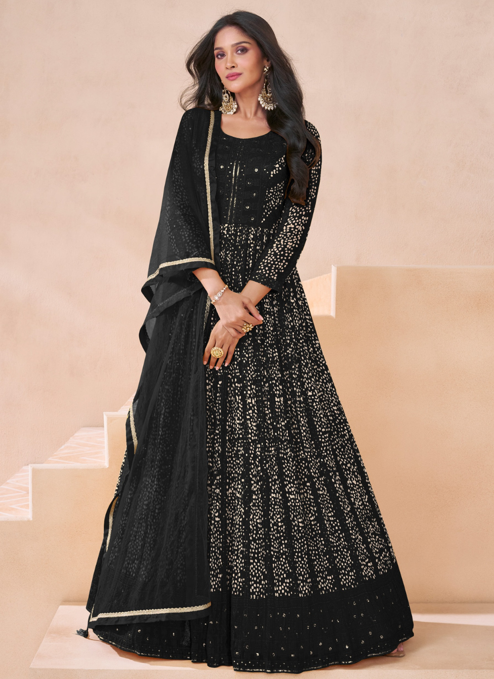 Nakshtra Black Embroidered Embellished Anarkali Suit