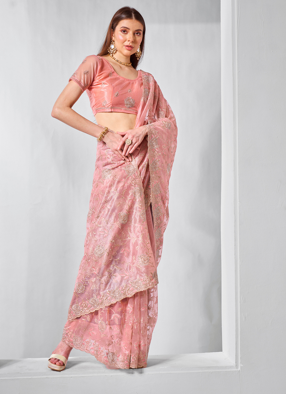 Nakshatra Peach Party Wear Chiffon Saree