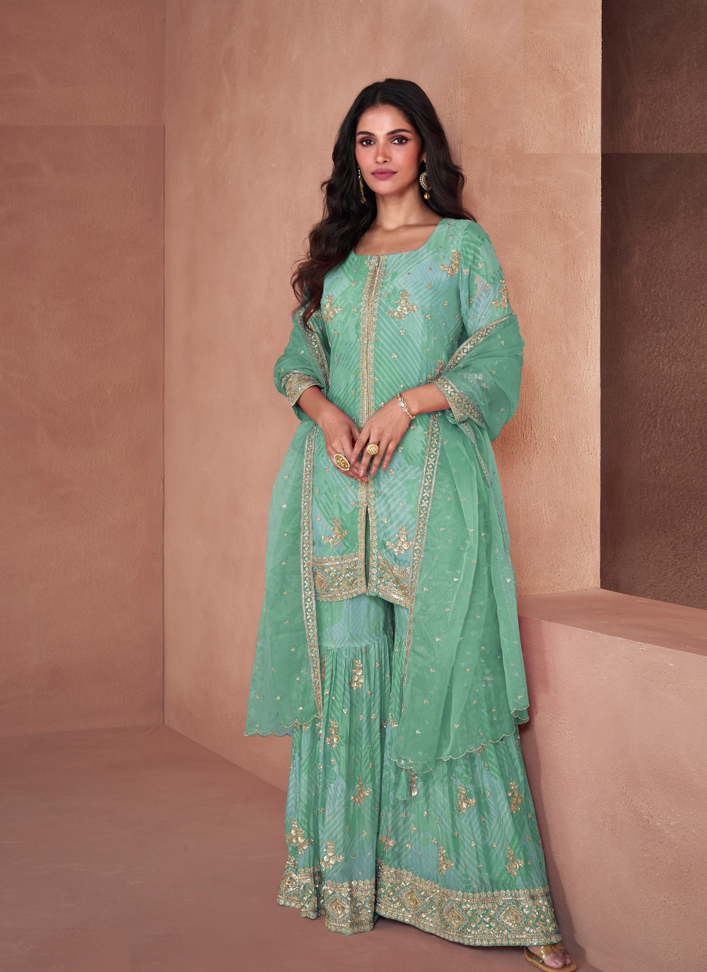 Nakshatra Sea Green Georgette Gharara Suit