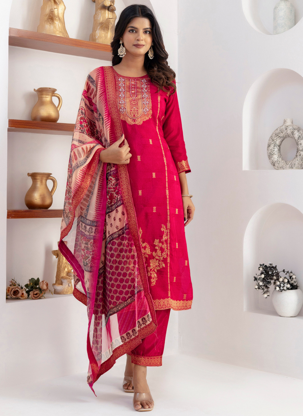 Nakshatra Cherry Readymade Jaquard Silk Suit