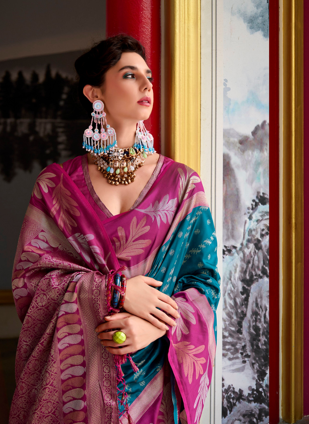 Nakshatra Magenta & Rama Soft Banarasi Tissue Silk Saree