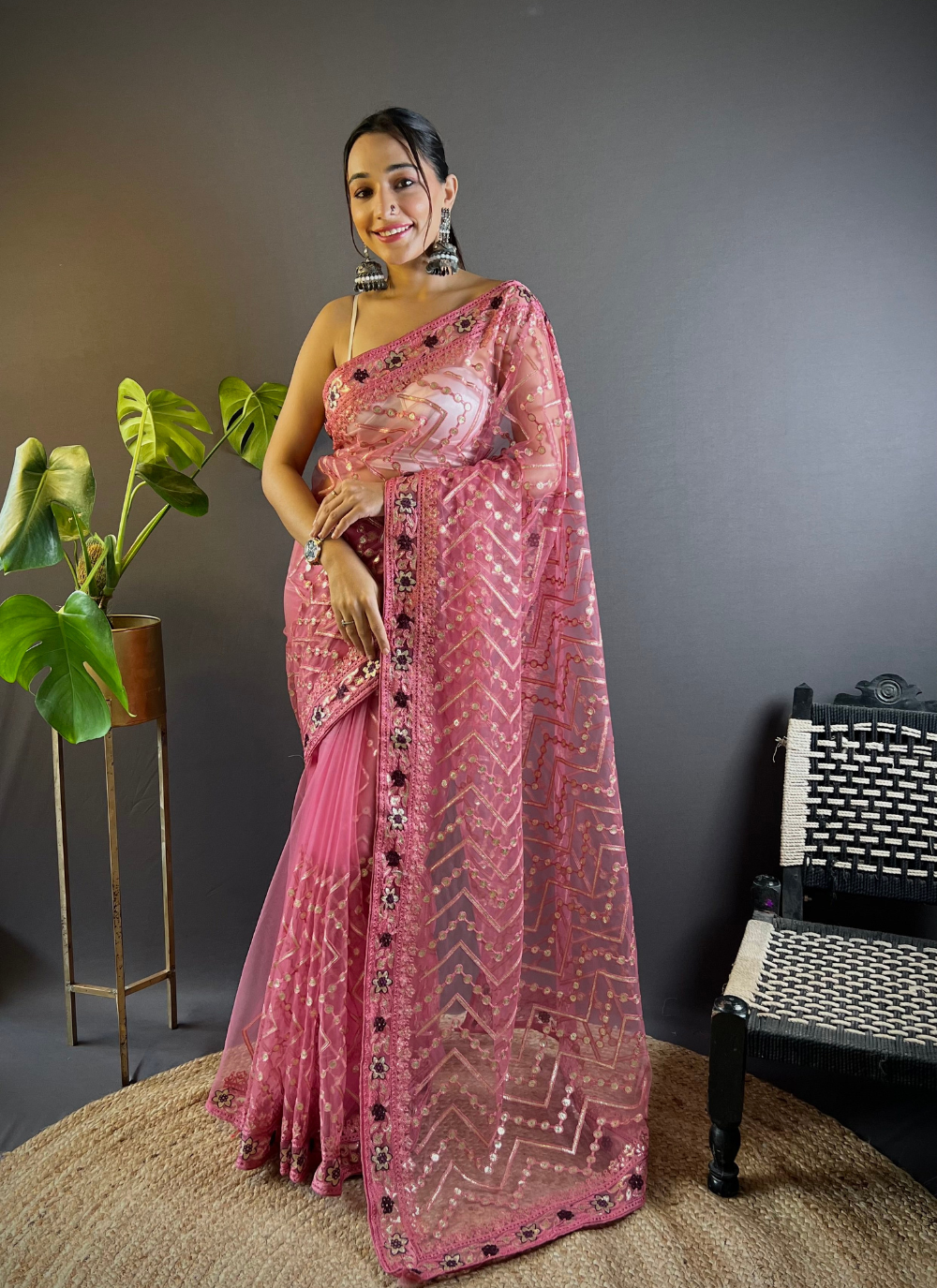 Nakshatra Pink Foil Work Saree