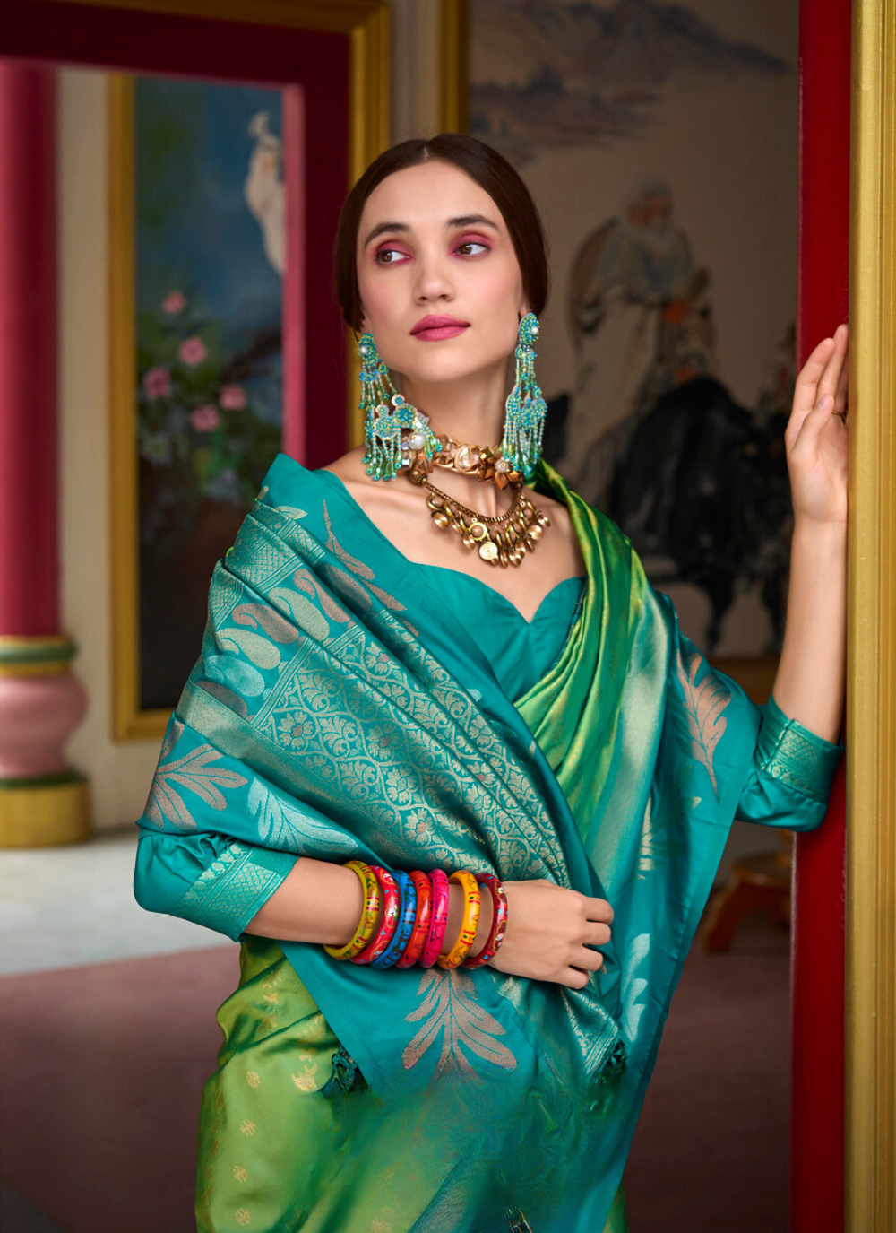 Nakshatra Green & Turquoise Soft Banarasi Tissue Silk Saree