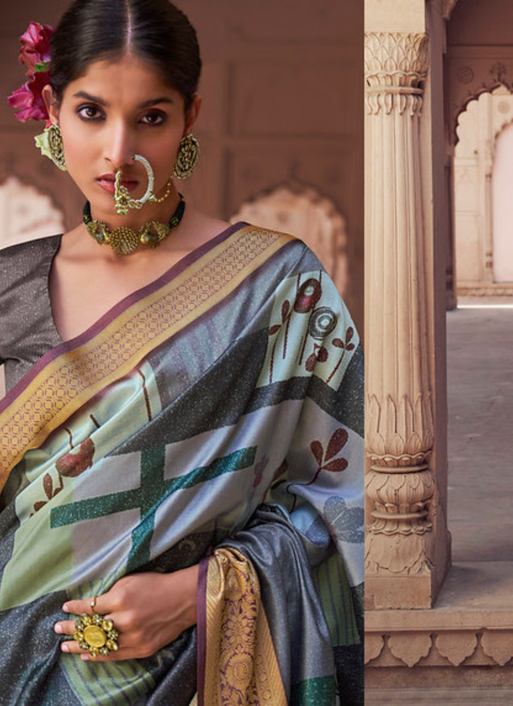 Nakshatra Digital Print Party Wear Grey Green Geometric Saree with Gold Border