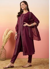 Nakshatra Wine Colored Silk Embroided suit