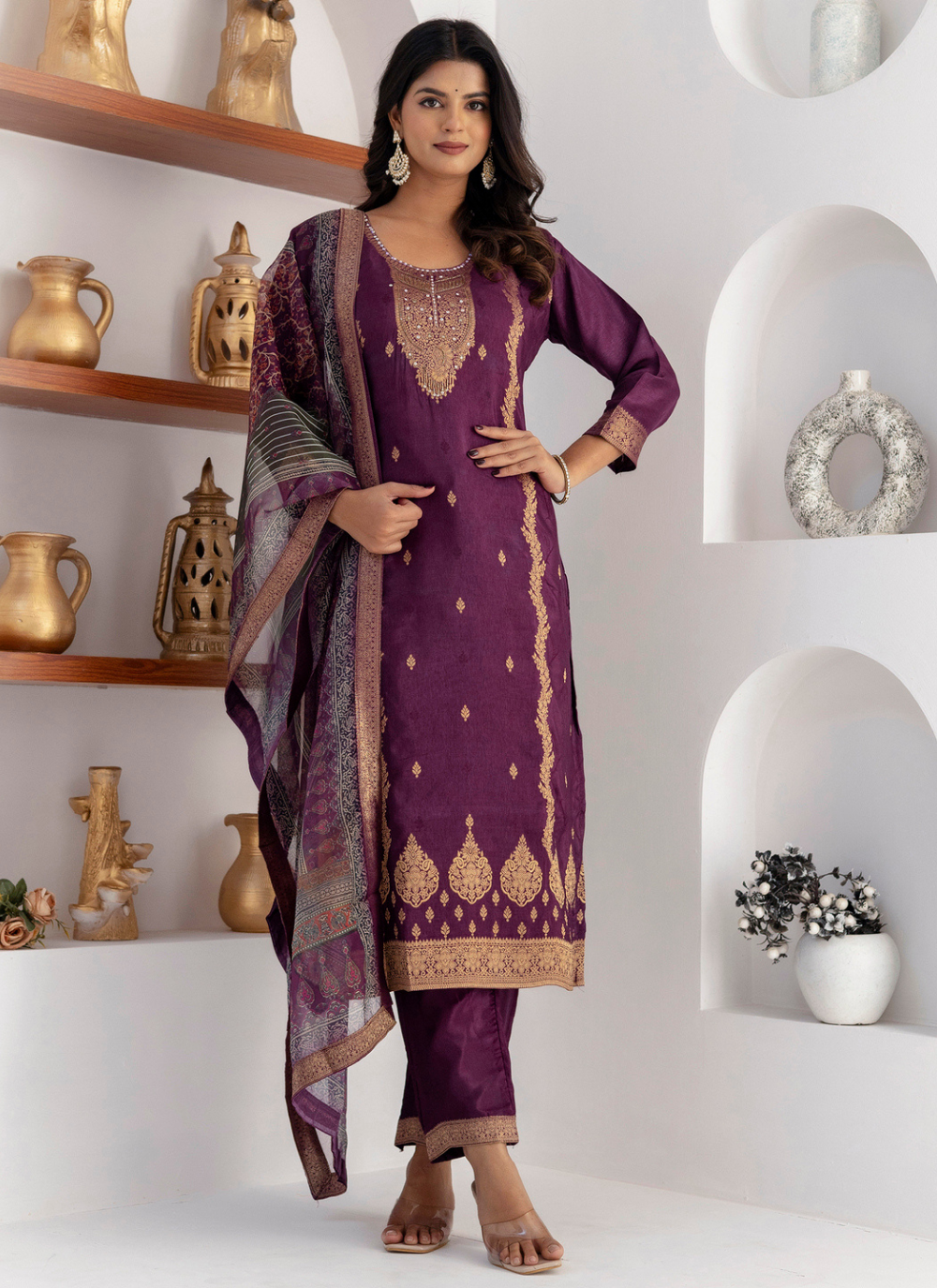 Nakshatra Purple Readymade Jaquard Silk Suit