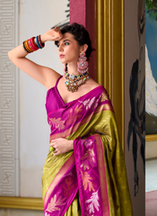 Nakshatra Magenta & Green Soft Banarasi Tissue Silk Saree