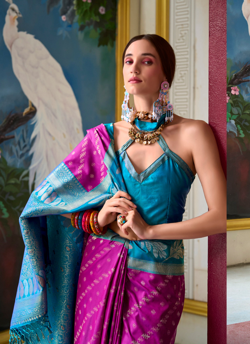 Nakshatra Hot Pink & Turquoise Soft Banarasi Tissue Silk Saree