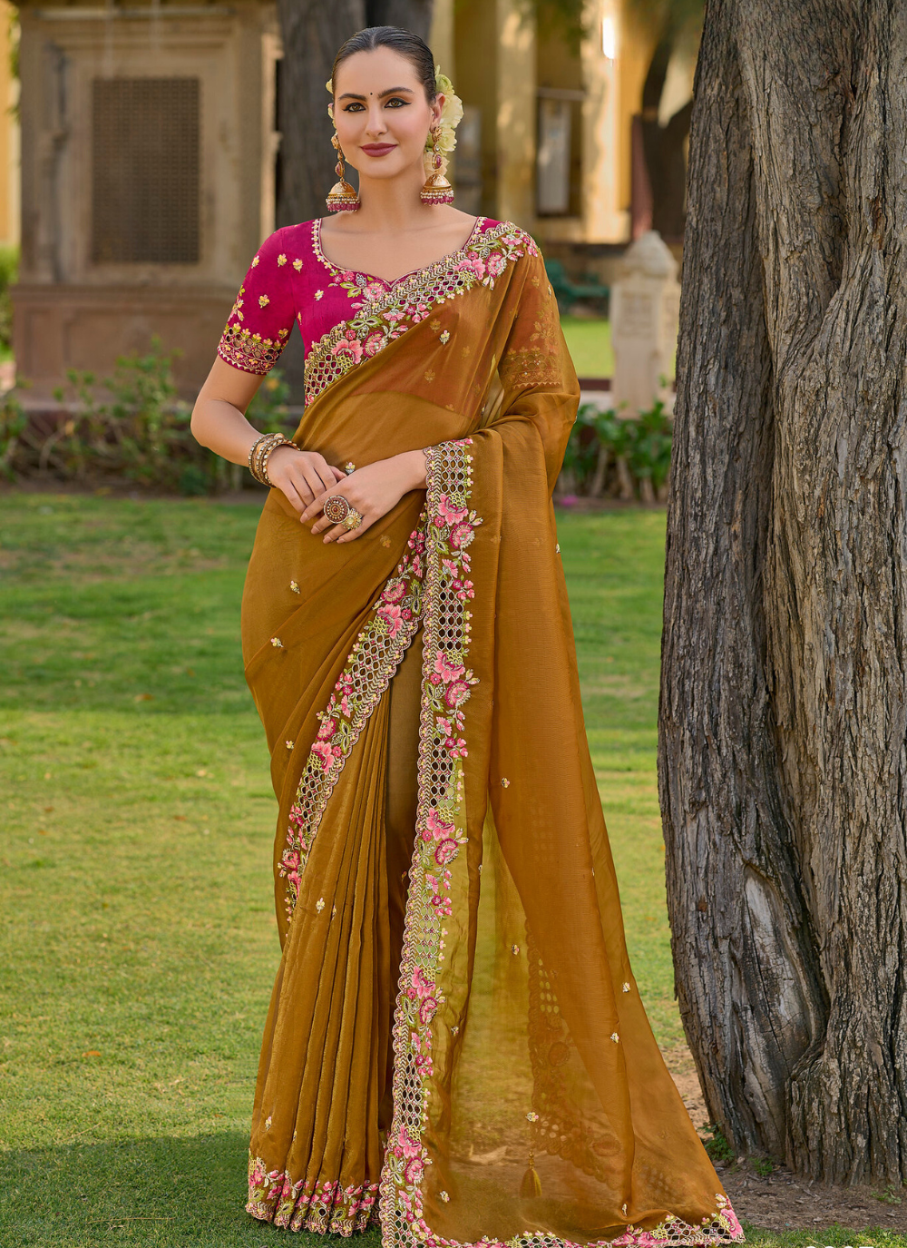 Magnificient Mustard Tissue Organza saree