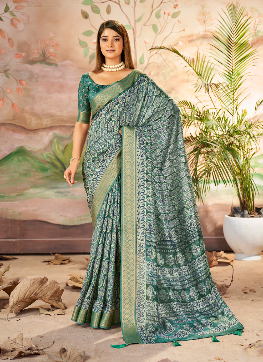 Nakshatra  Designer Digital Print Green  saree