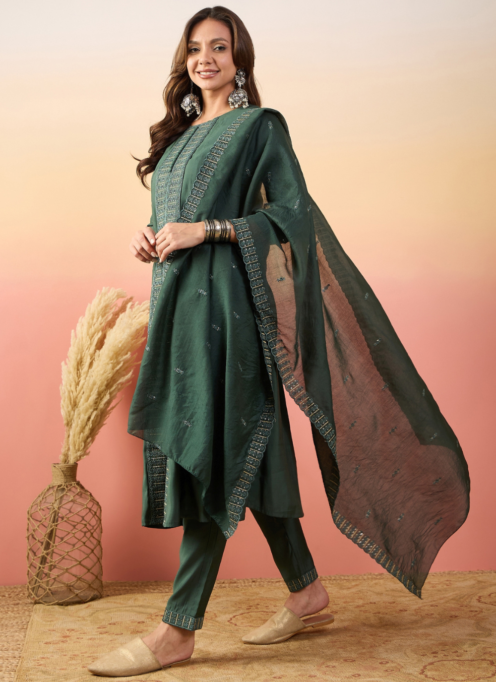 Nakshatra Olive Green Colored Silk Embroided suit