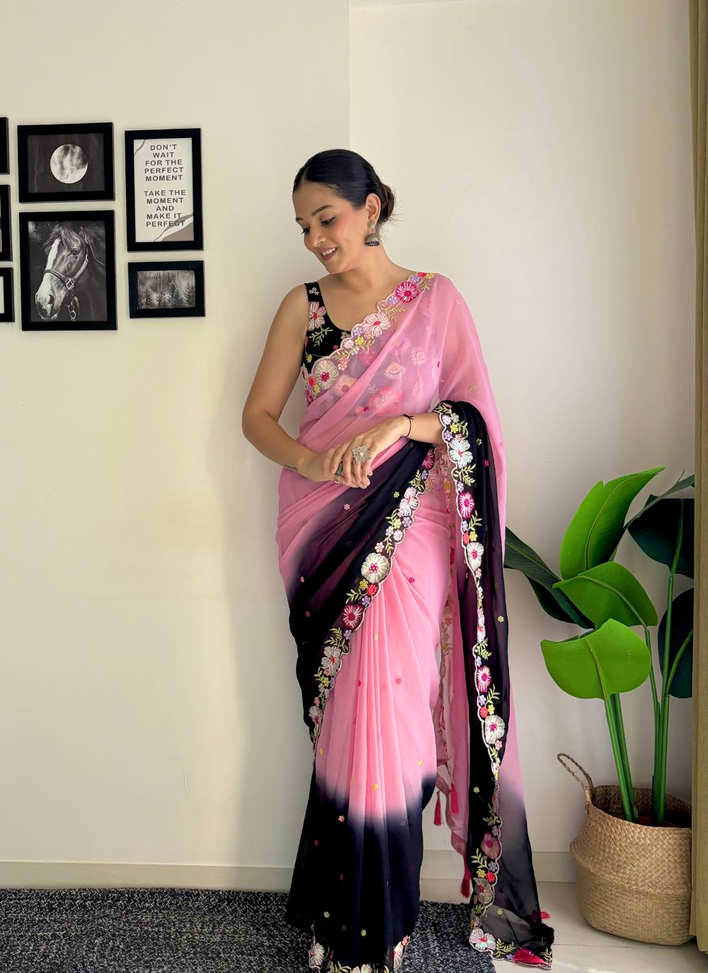 Nakshatra Ombre Black Pink Embroided Saree