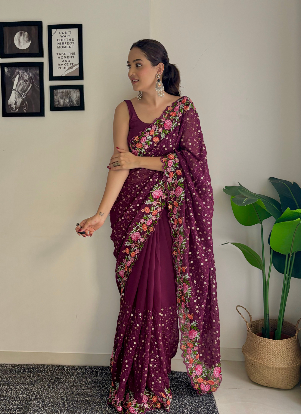 Nakshatra Wine Embroidered Sequence Saree