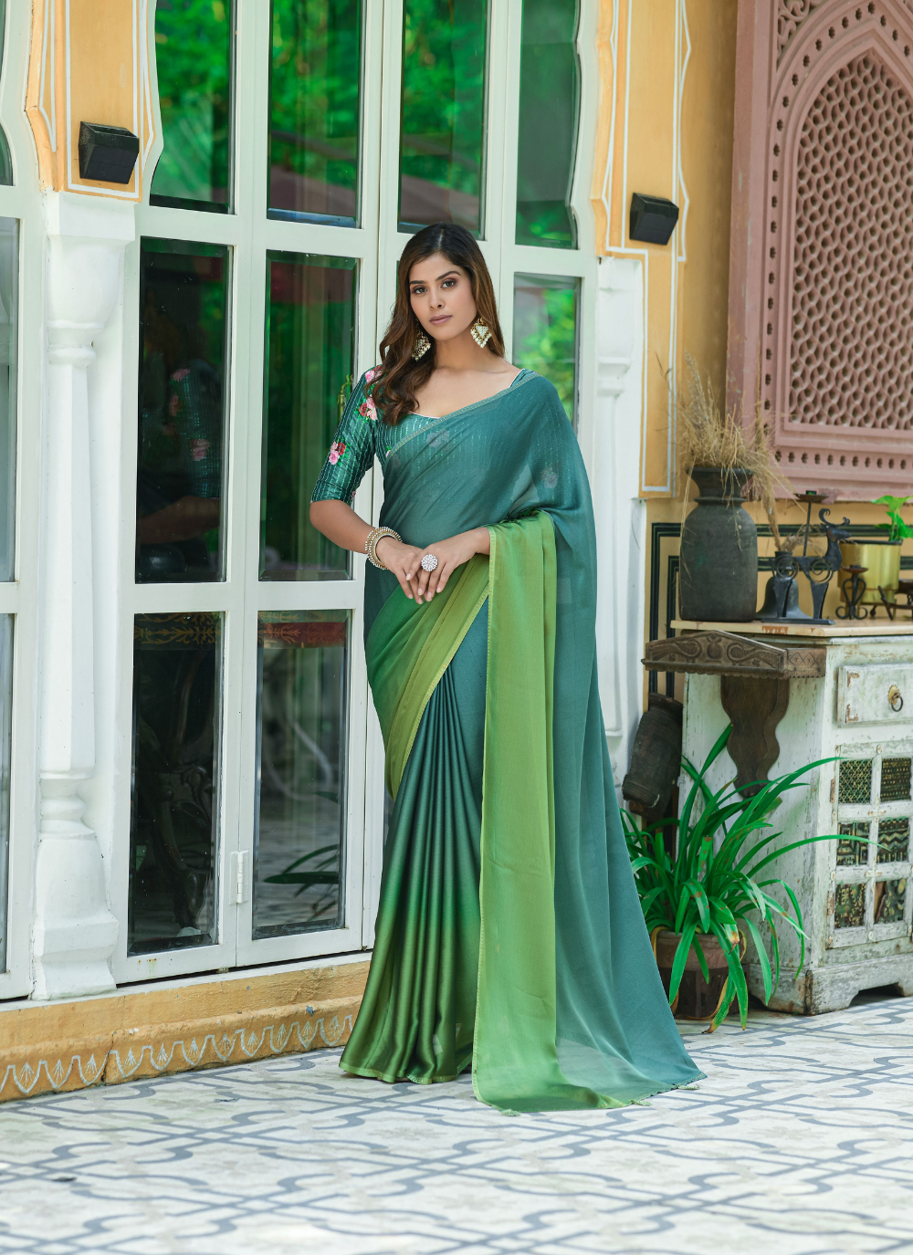 Nakshatra Ombre Green Chiffon Saree