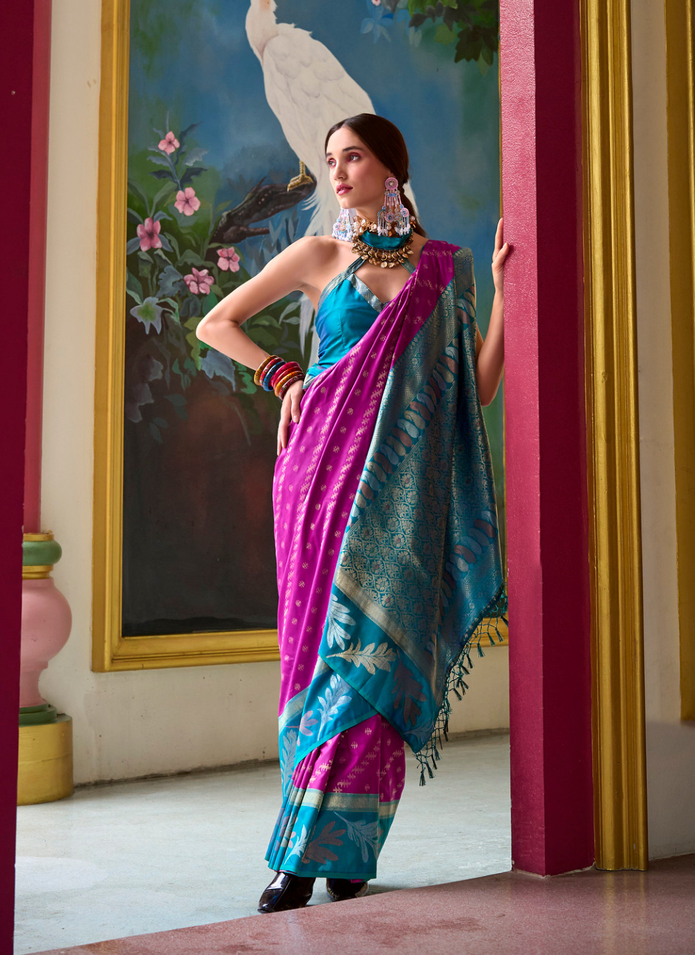 Nakshatra Hot Pink & Turquoise Soft Banarasi Tissue Silk Saree