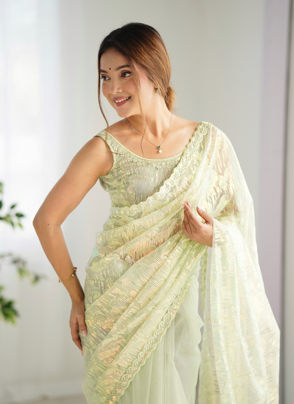 Nakshatra Pista Embellished Net Saree