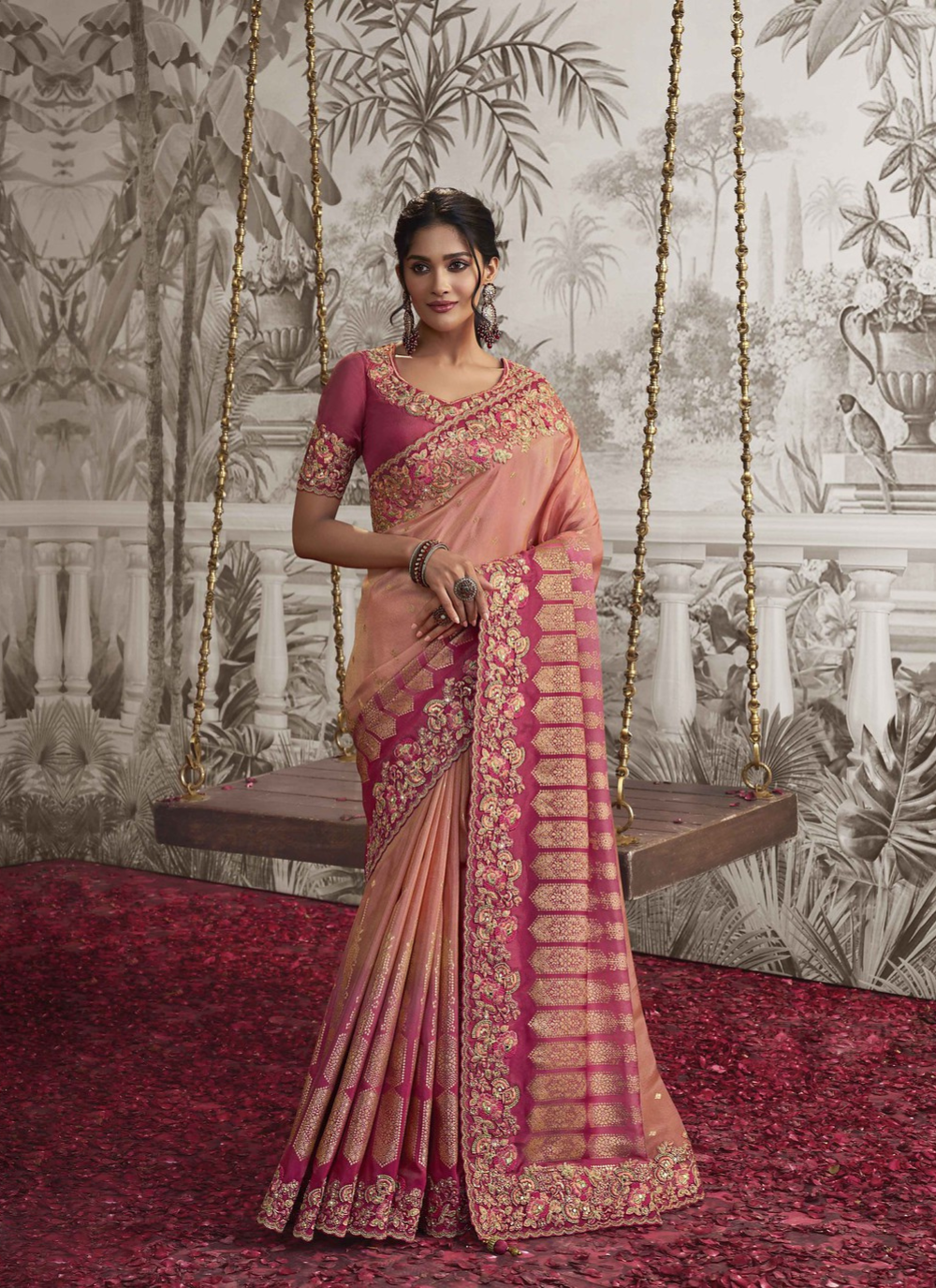 Royal Peach Blossom Jacquard Saree