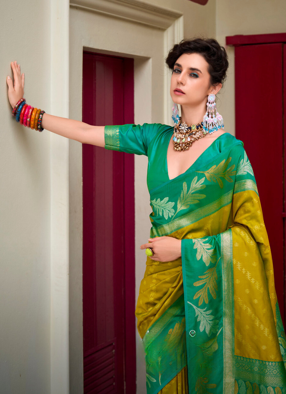 Nakshatra Green & Yellow Soft Banarasi Tissue Silk Saree