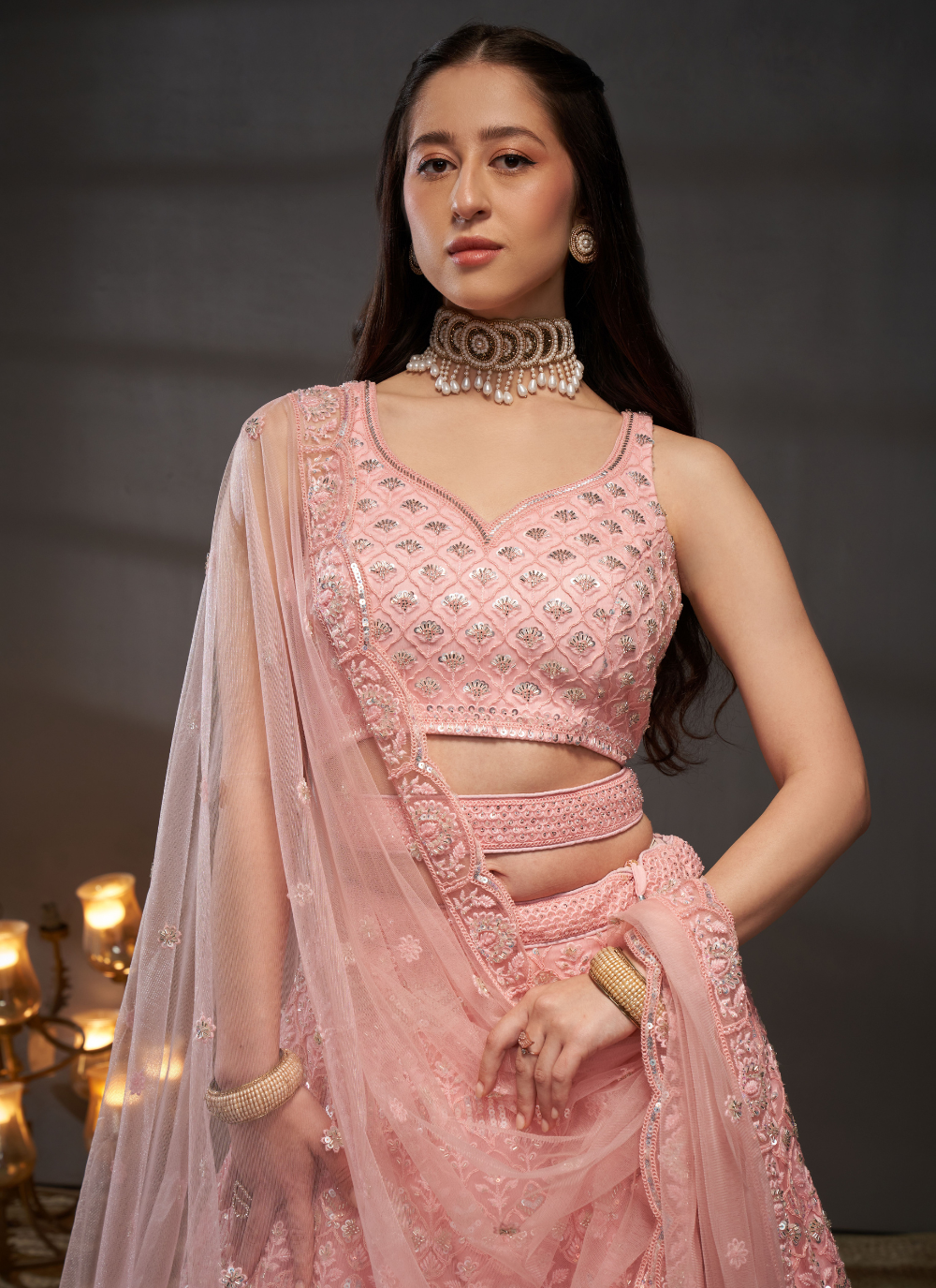 Nakshatra Pink Net Lehenga