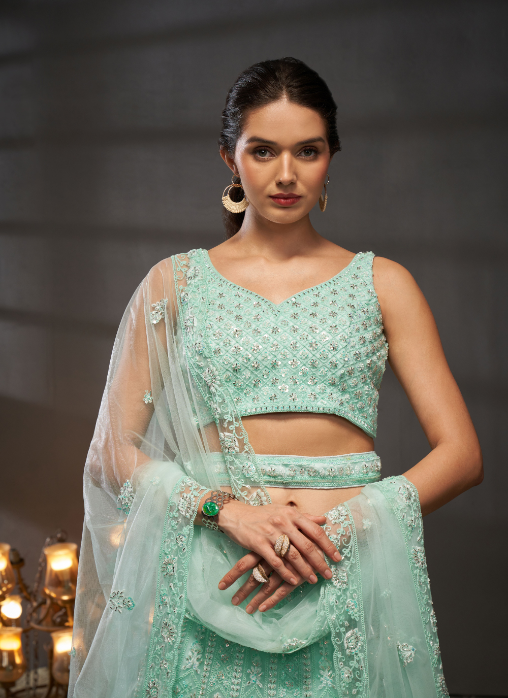 Nakshatra Turquoise Net Lehenga