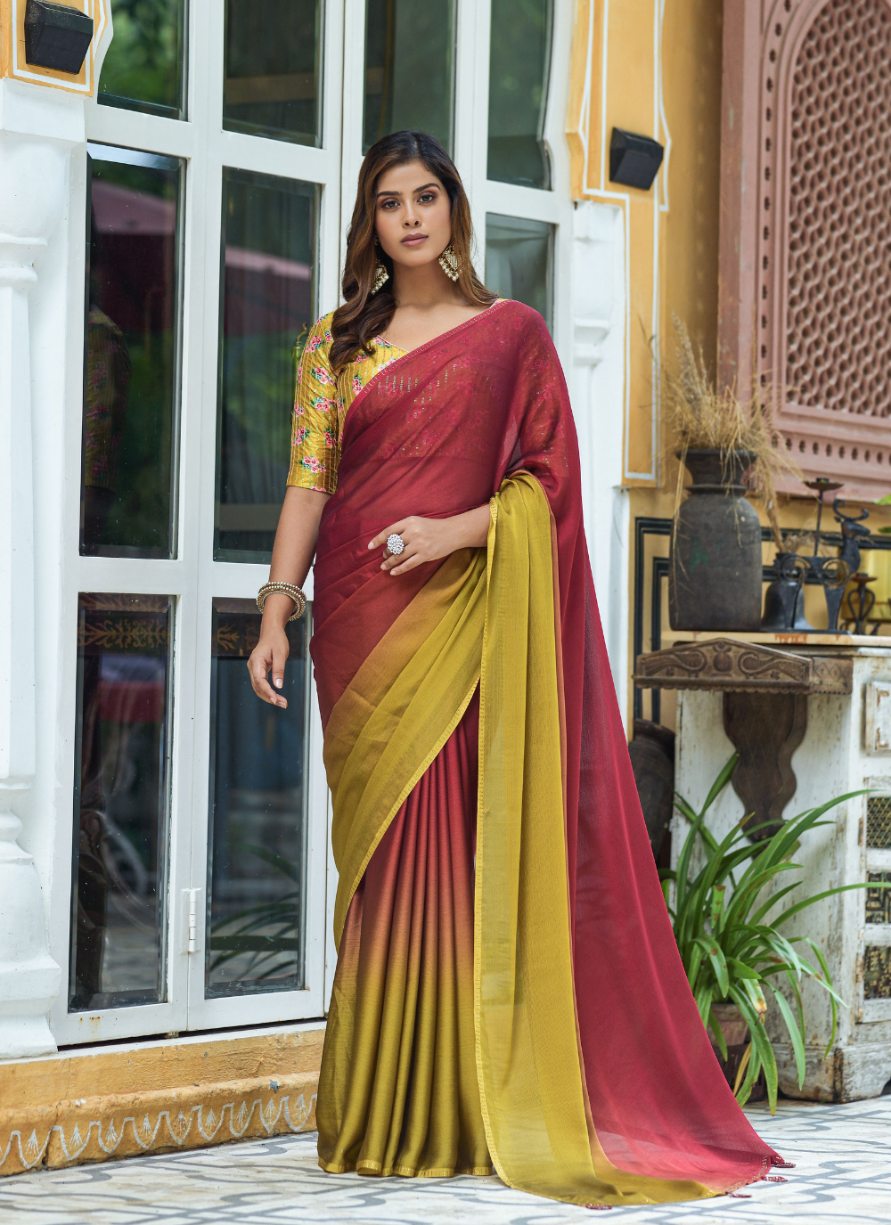 Nakshatra Ombre Maroon Chiffon Saree