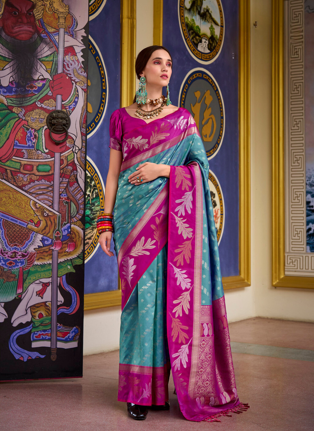 Nakshatra Magenta & Turquoise Soft Banarasi Tissue Silk Saree