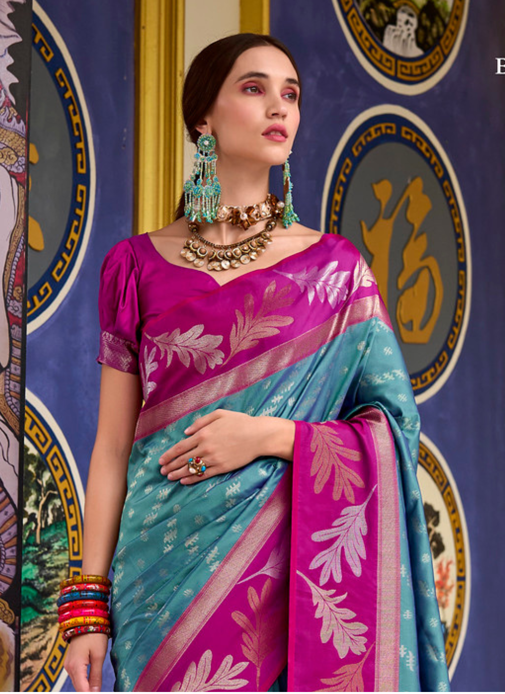 Nakshatra Magenta & Turquoise Soft Banarasi Tissue Silk Saree