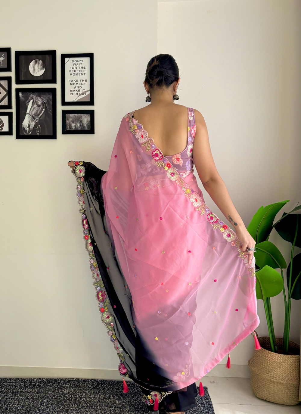 Nakshatra Ombre Black Pink Embroided Saree