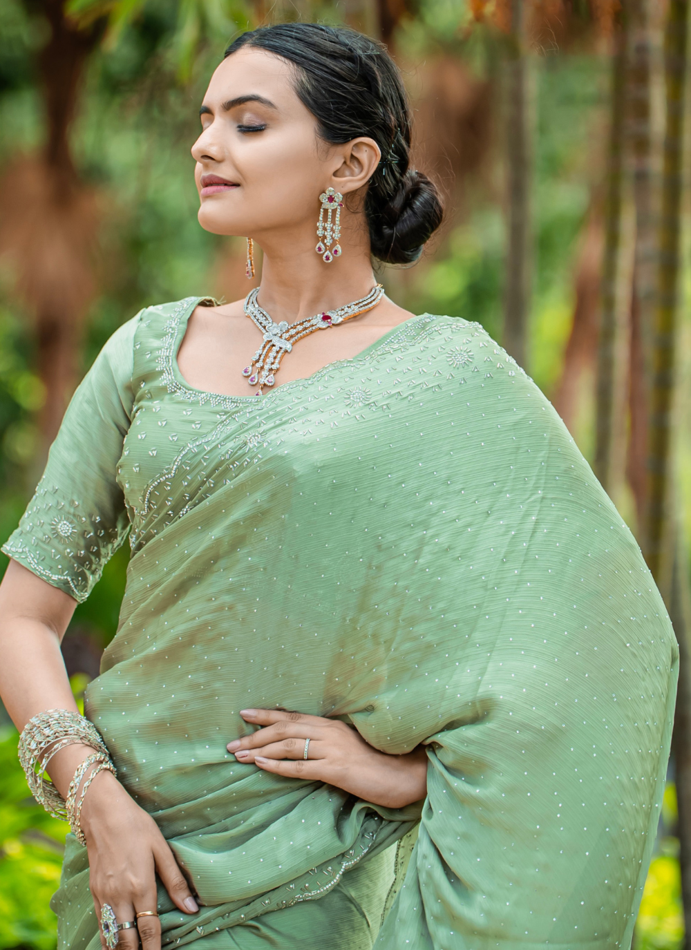 Nakshatra Pista Green Party wear sari