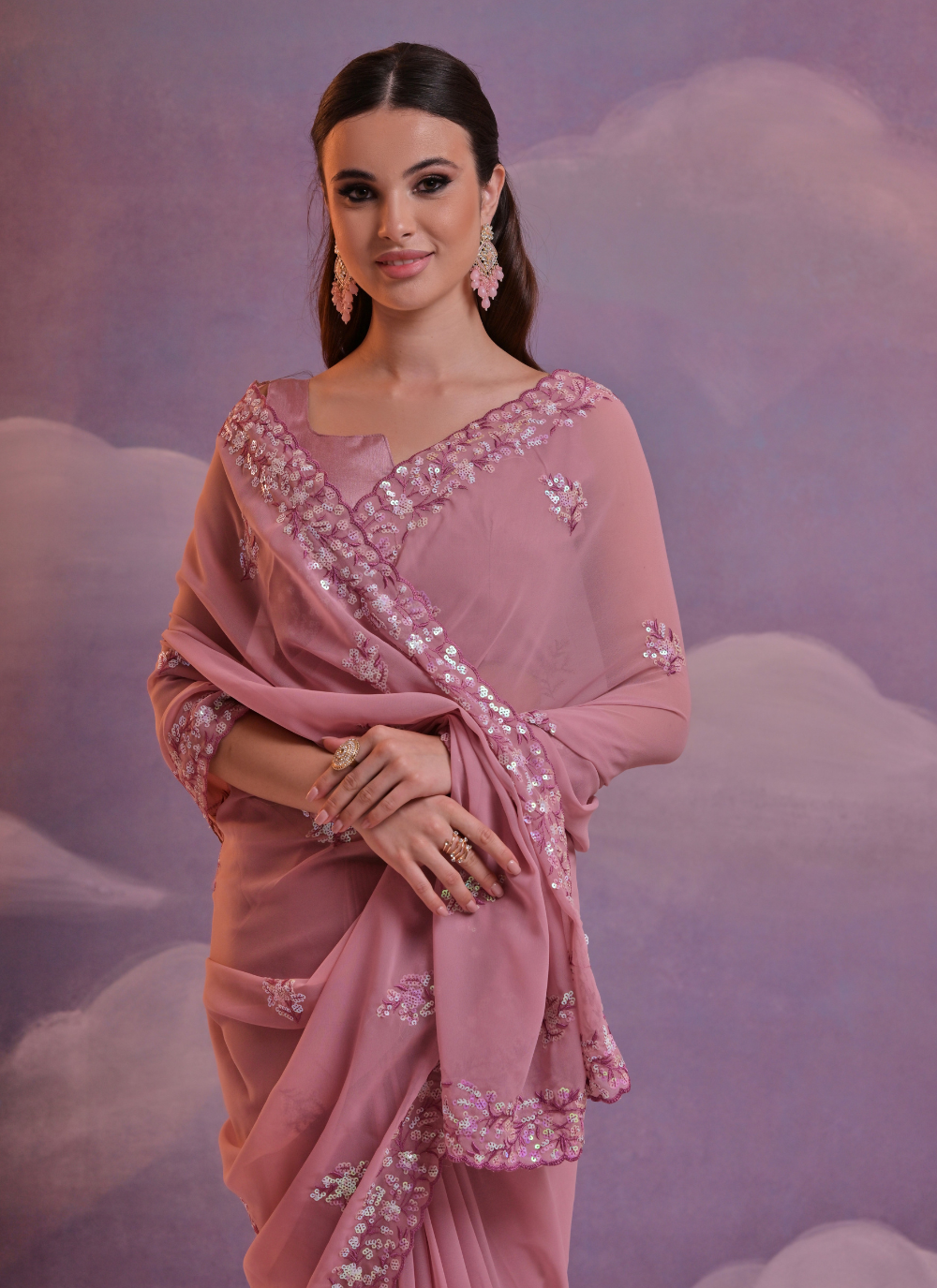 Nakshatra Rose Pink sequenced saree