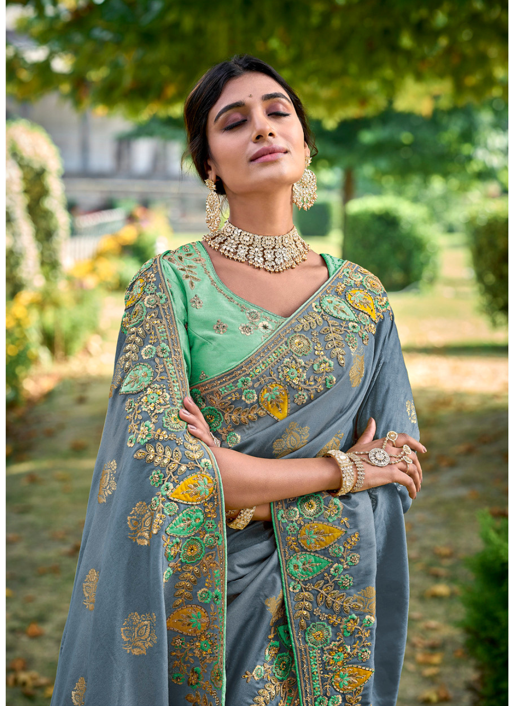 Nakshatra Grey Stone work saree