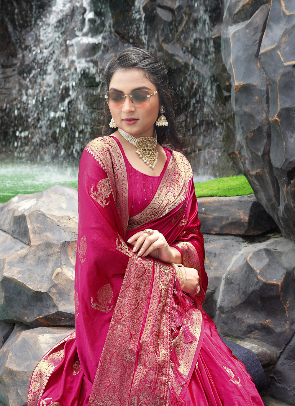 Nakshatra Magenta satin silk saree.