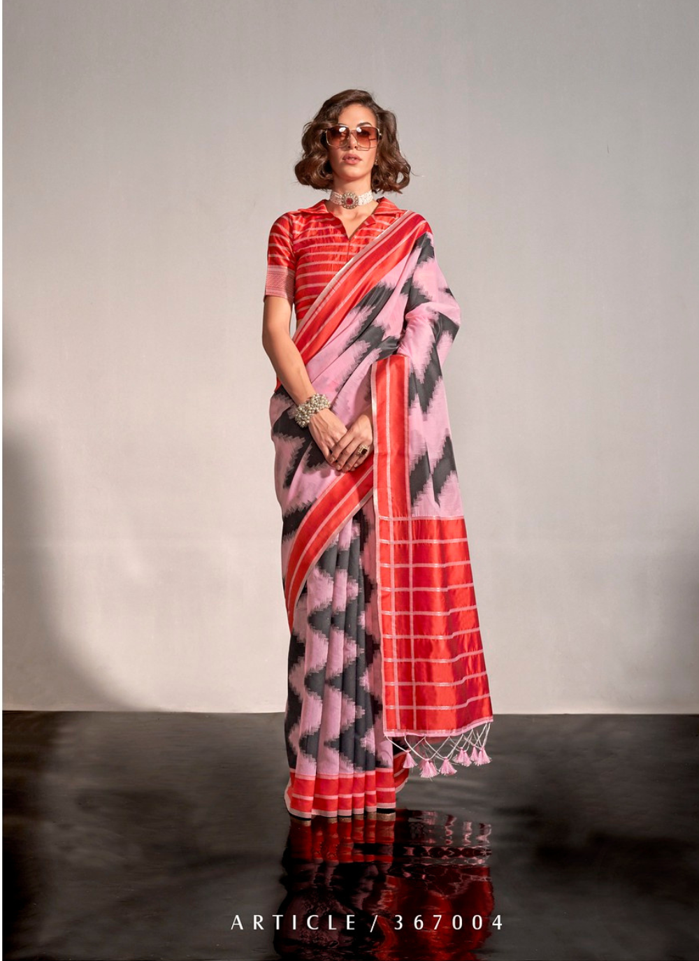 Nakshatra  Pink  Geometric Zigzag saree